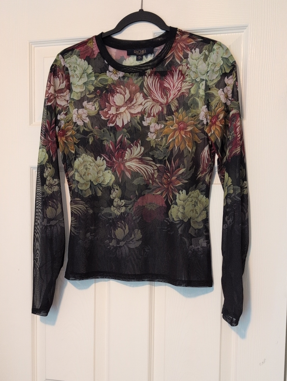 Rachel Zoe Sheer Black Floral Mesh Long-Sleeve Tee Size Med